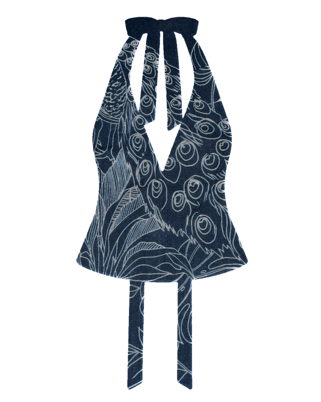 Bellona Natural Print Top Blue and White Peacock, front with clean flat V neckline