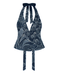 Bellona Natural Print Top Blue and White Peacock, front with clean flat V neckline