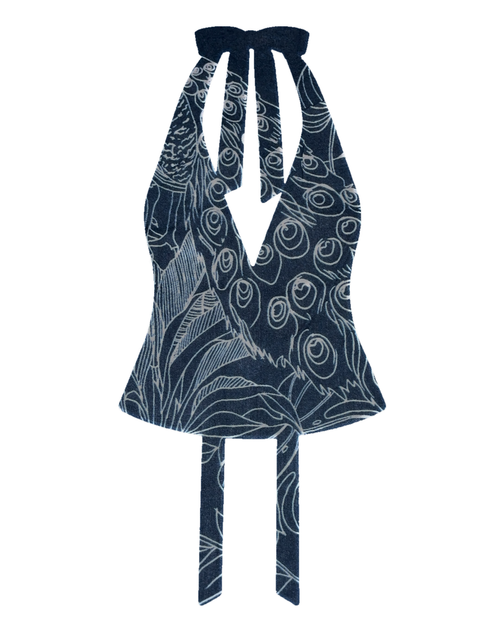 Bellona Natural Print Top Blue and White Peacock, front with clean flat V neckline