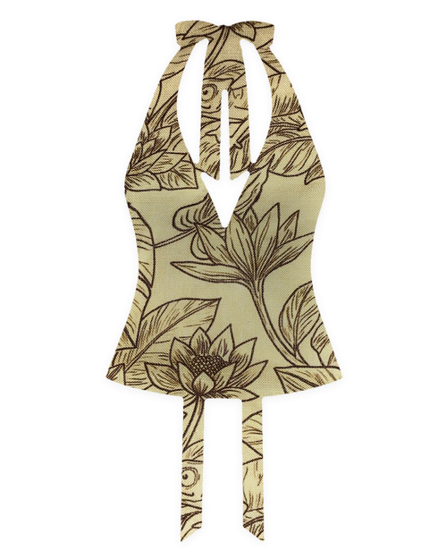 Bellona Natural Print Top Butter Yellow and Dark Brown Jungle, front with clean flat V neckline