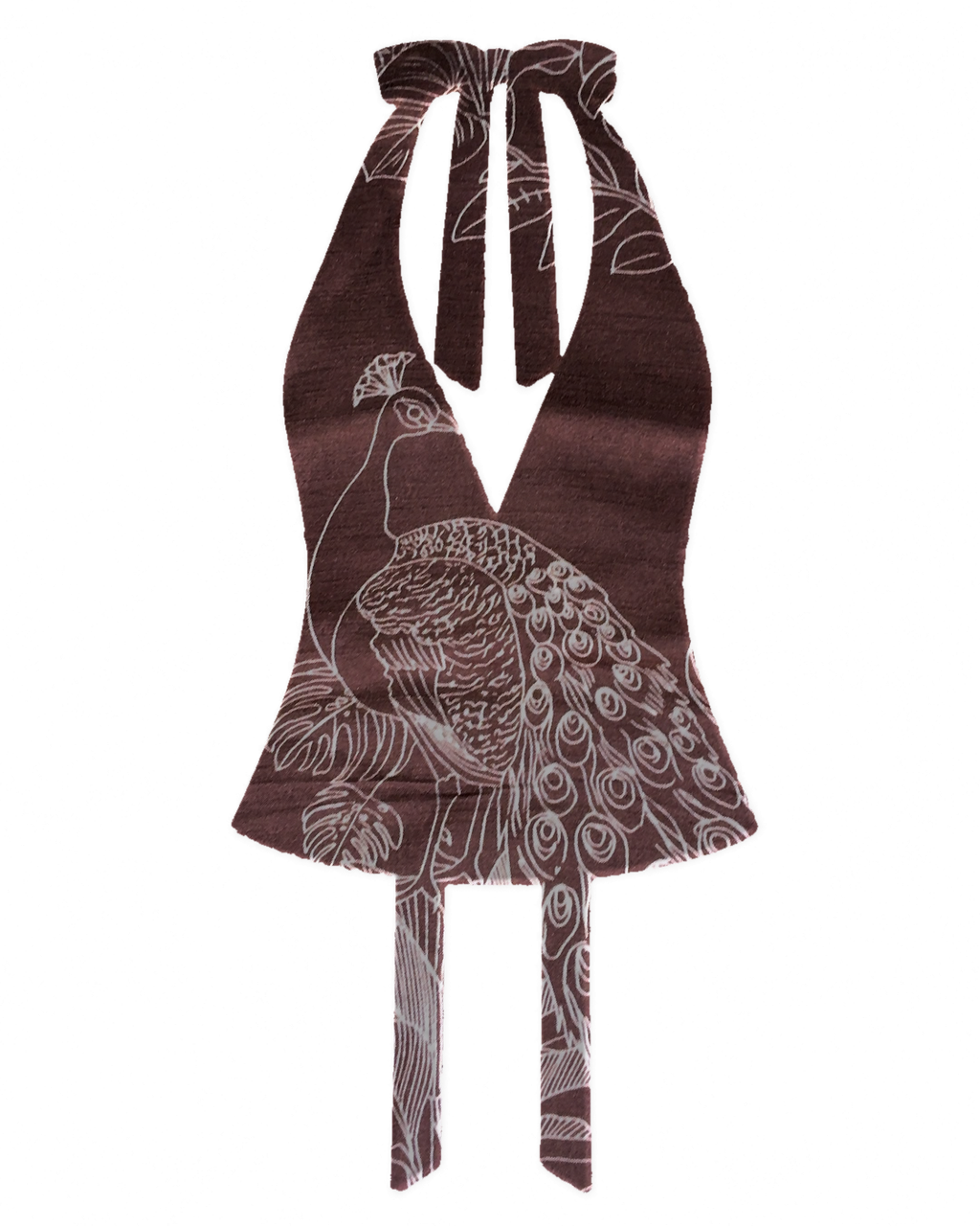 Bellona Natural Print Top Chocolate Brown and White Peacock, front with clean flat V neckline