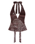 Bellona Natural Print Top Chocolate Brown and White Peacock, front with clean flat V neckline