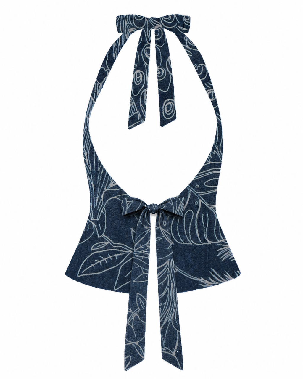 Bellona Natural Print Top Blue & White Peacock open back with high edge waist bow