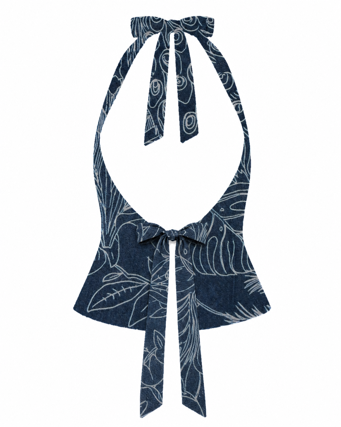 Bellona Natural Print Top Blue & White Peacock open back with high edge waist bow