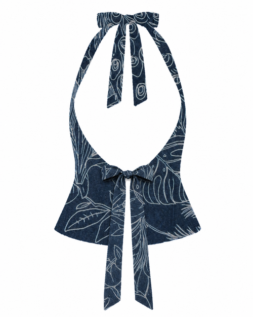 Bellona Natural Print Top Blue & White Peacock open back with high edge waist bow