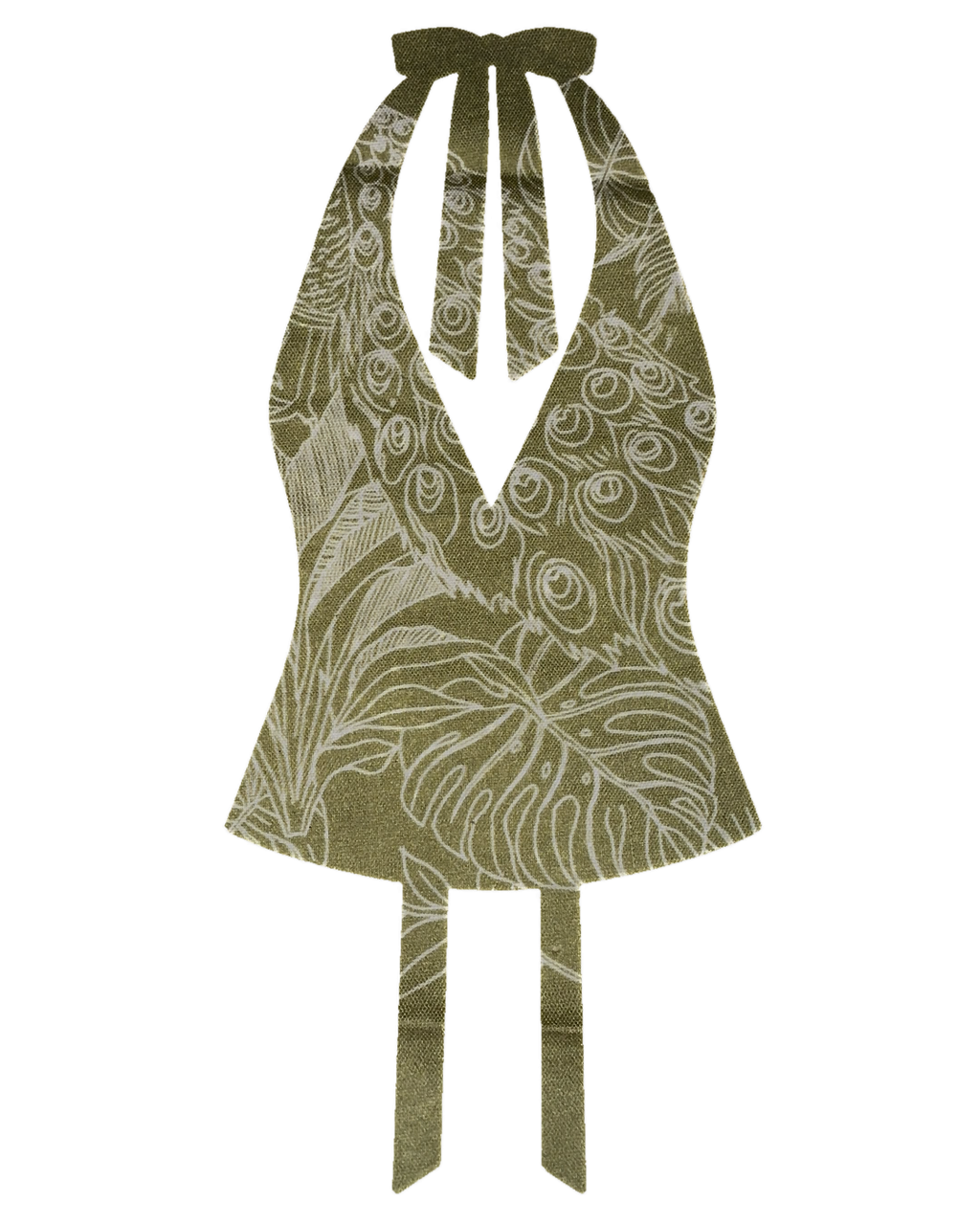 Bellona Natural Print Top Olive Green and White Peacock, front with clean flat V neckline