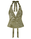 Bellona Natural Print Top Olive Green and White Peacock, front with clean flat V neckline