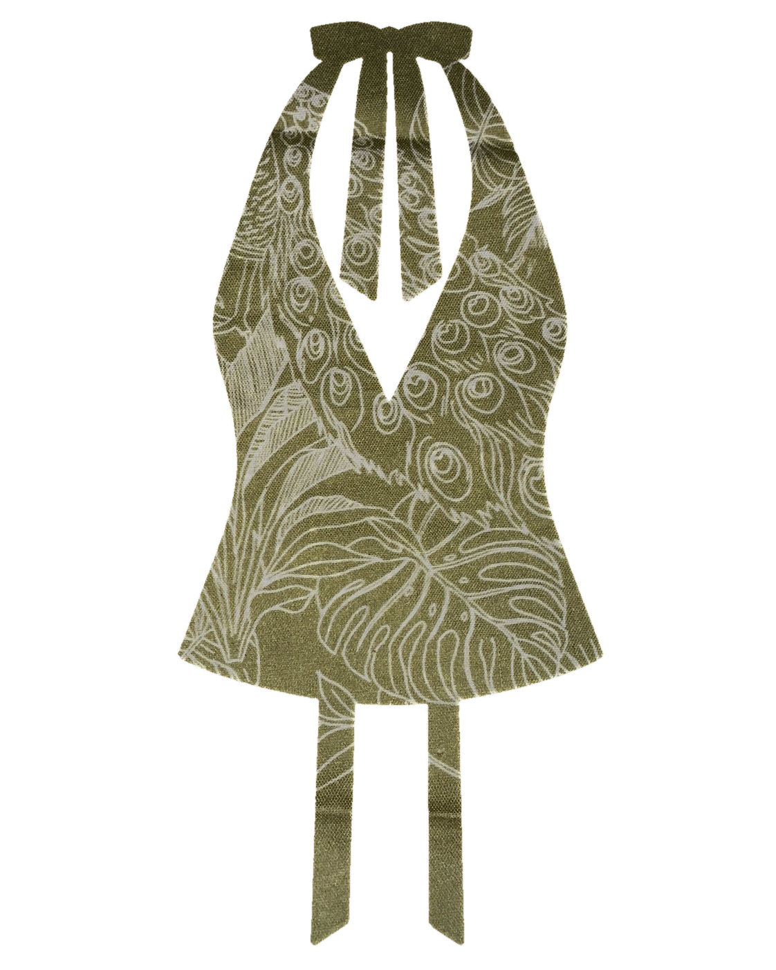 Bellona Natural Print Top Olive Green and White Peacock, front with clean flat V neckline