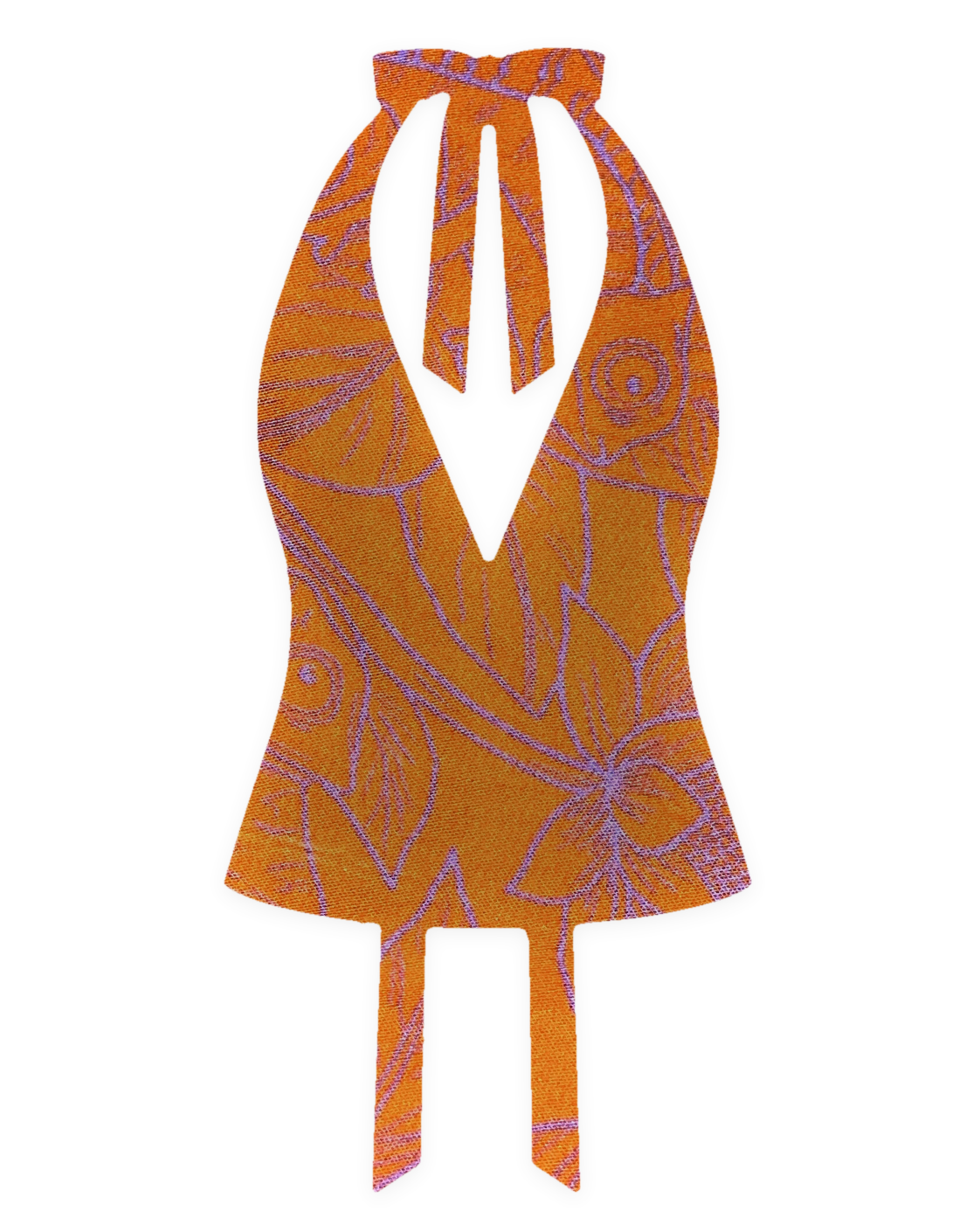 Bellona Natural Print Top Orange and Lavender Jungle, front with clean flat V neckline