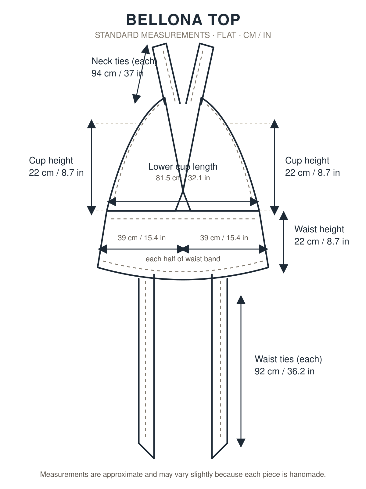 Bellona Top standard measurements in centimetres and inches