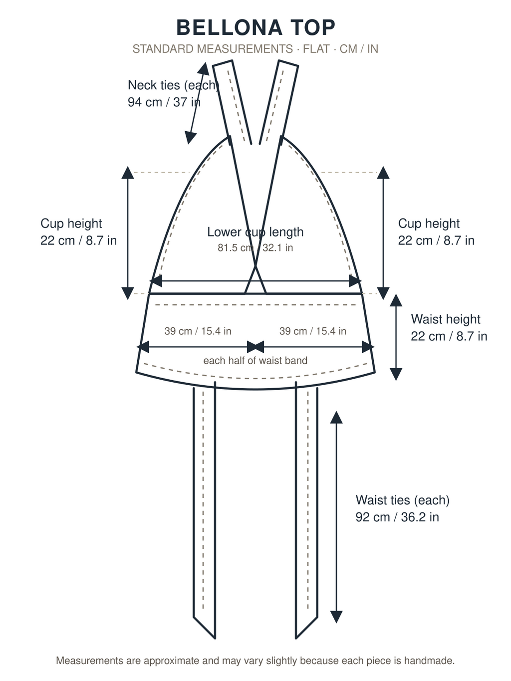 Bellona Top standard measurements in centimetres and inches