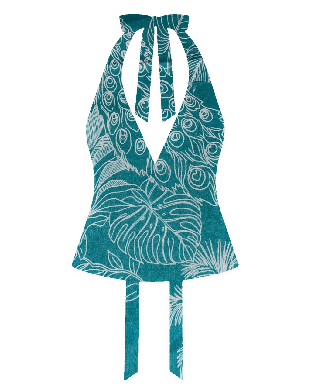 Bellona Natural Print Top Turquoise and White Peacock, front with clean flat V neckline
