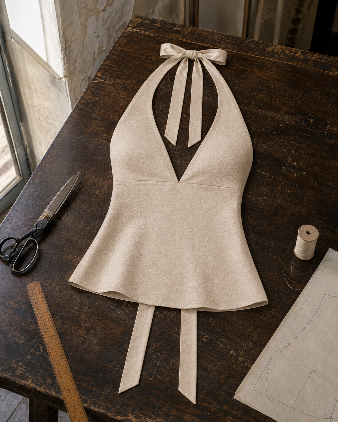 Champagne shantung FlexSize top on an atelier table